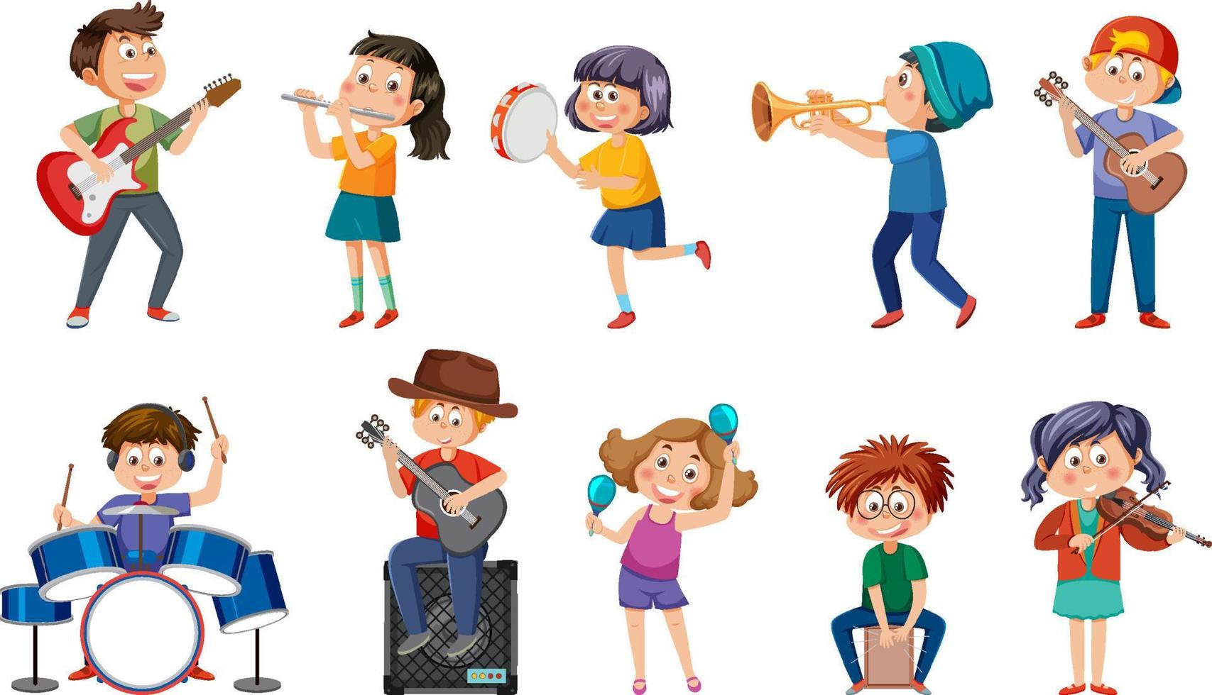 conjunto de diferentes niños tocando música vector