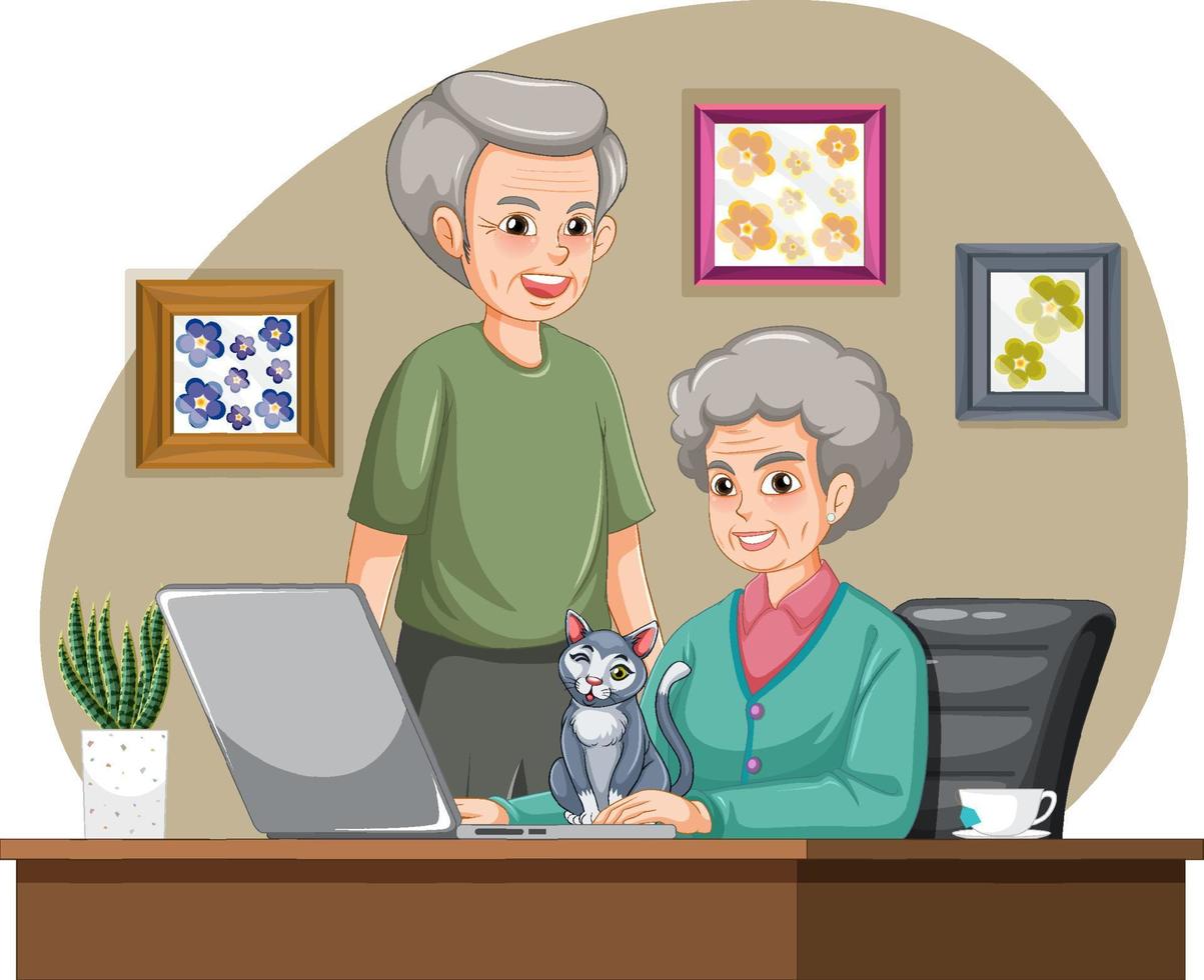 Senior couple using laptop at home vector