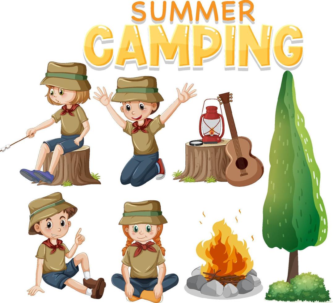 Set of camping kids cartoon character vector