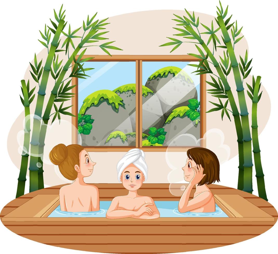 Three women wooden hot tub spa vector