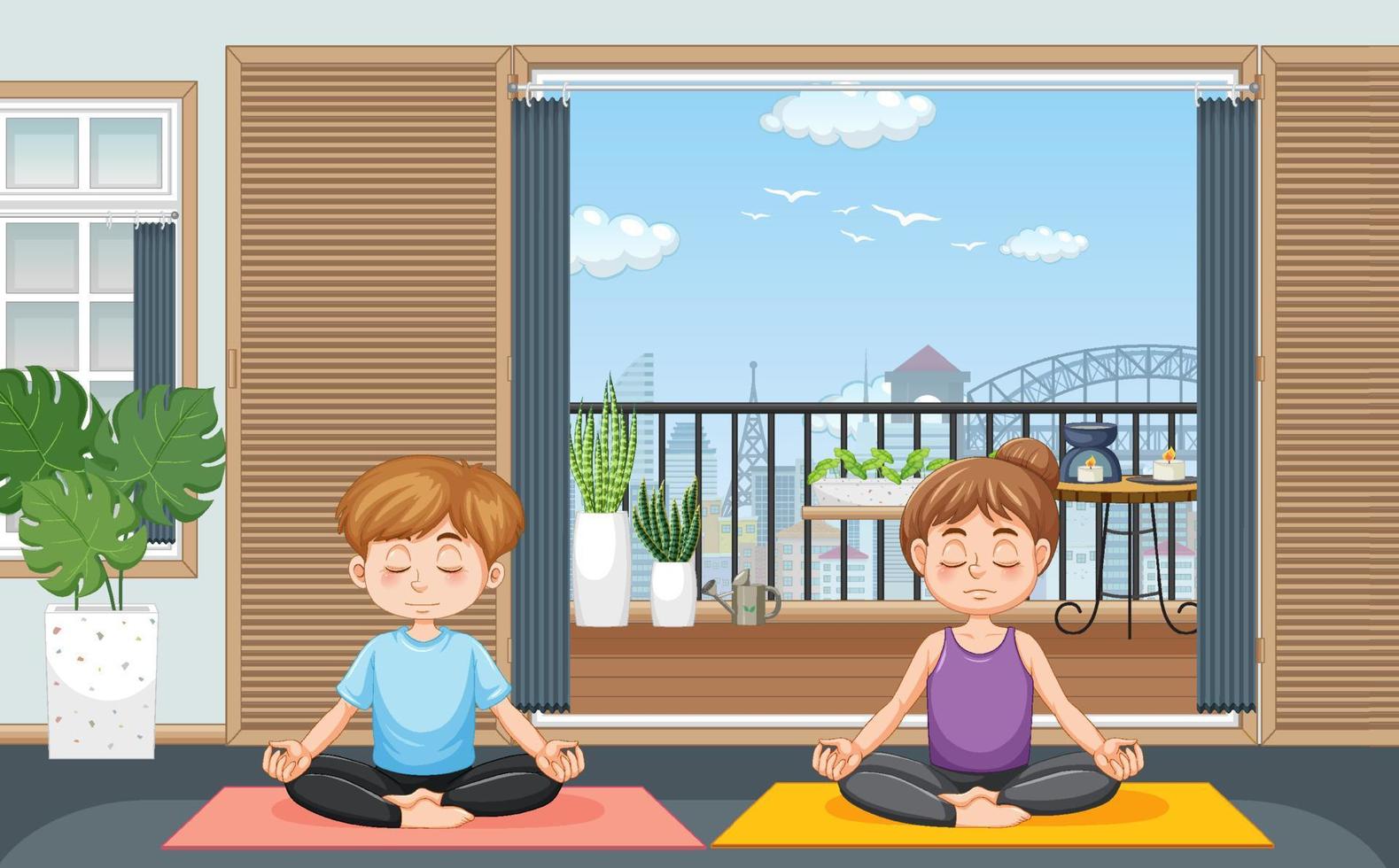 Couple doing yoga at home vector