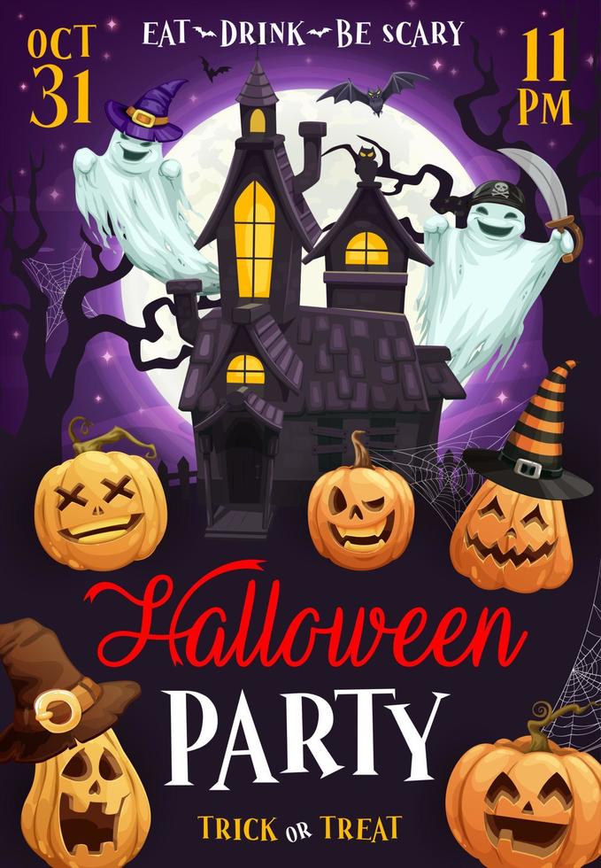 Halloween flyer with pumpkin, ghost and castle vector