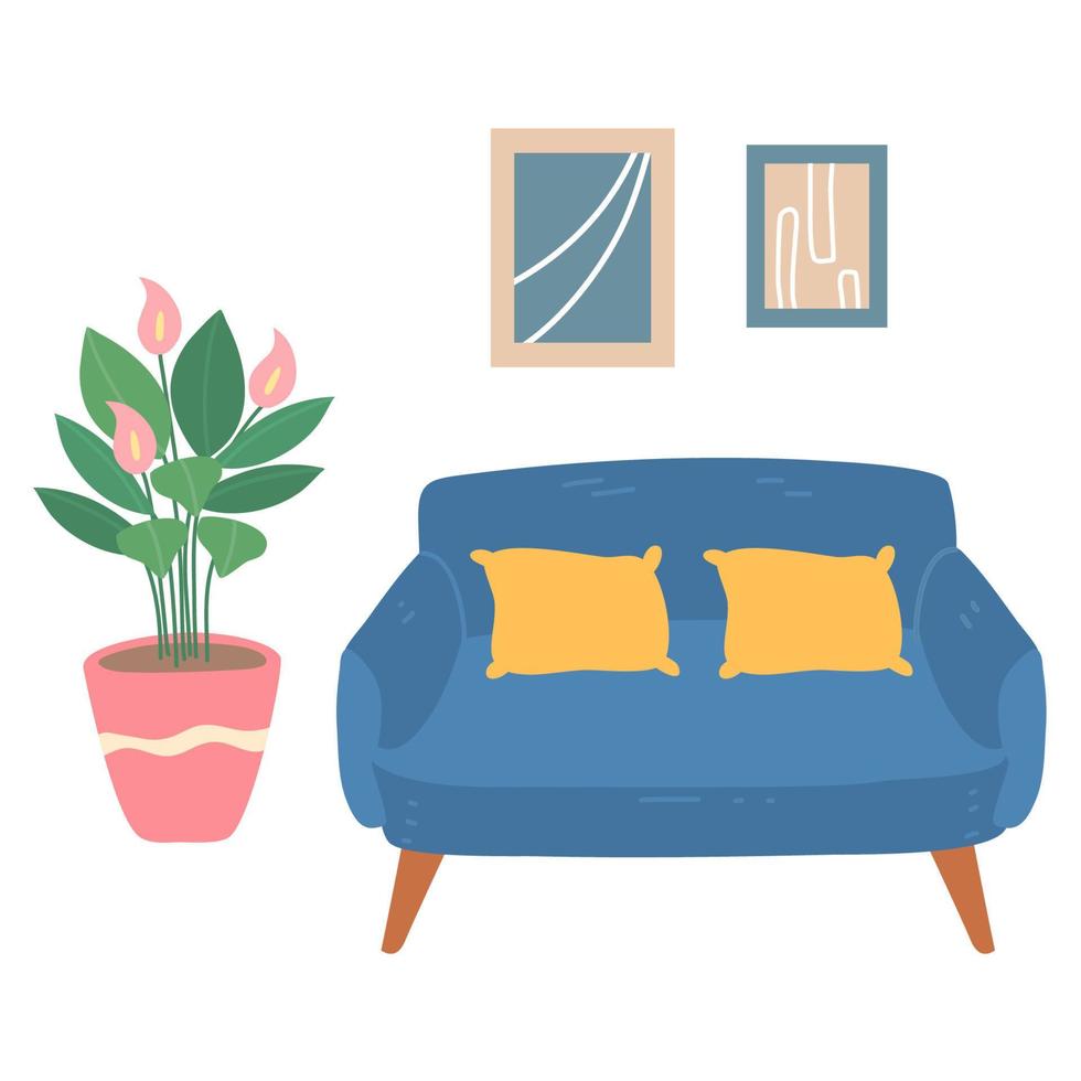 living room interior with armchair, houseplants growing in pots vector