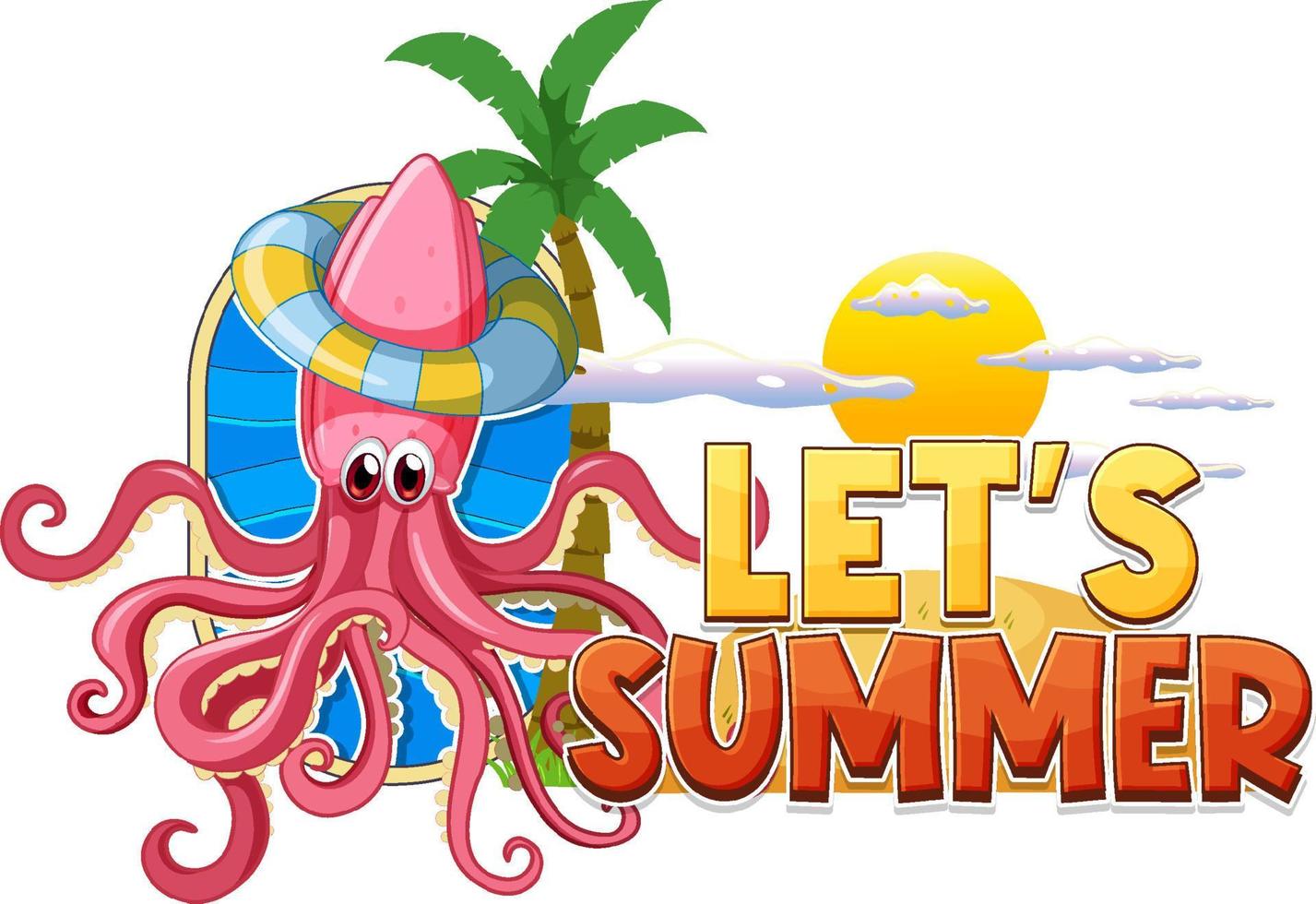 Lets Summer word with squid cartoon vector