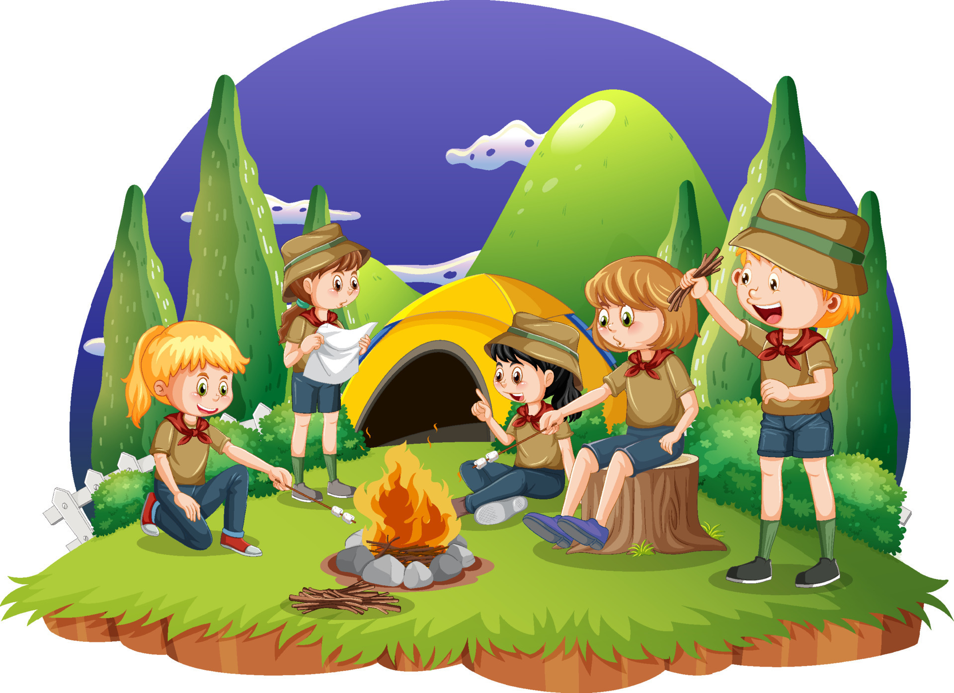 Outdoor camping with scout kids 13174391 Vector Art at Vecteezy