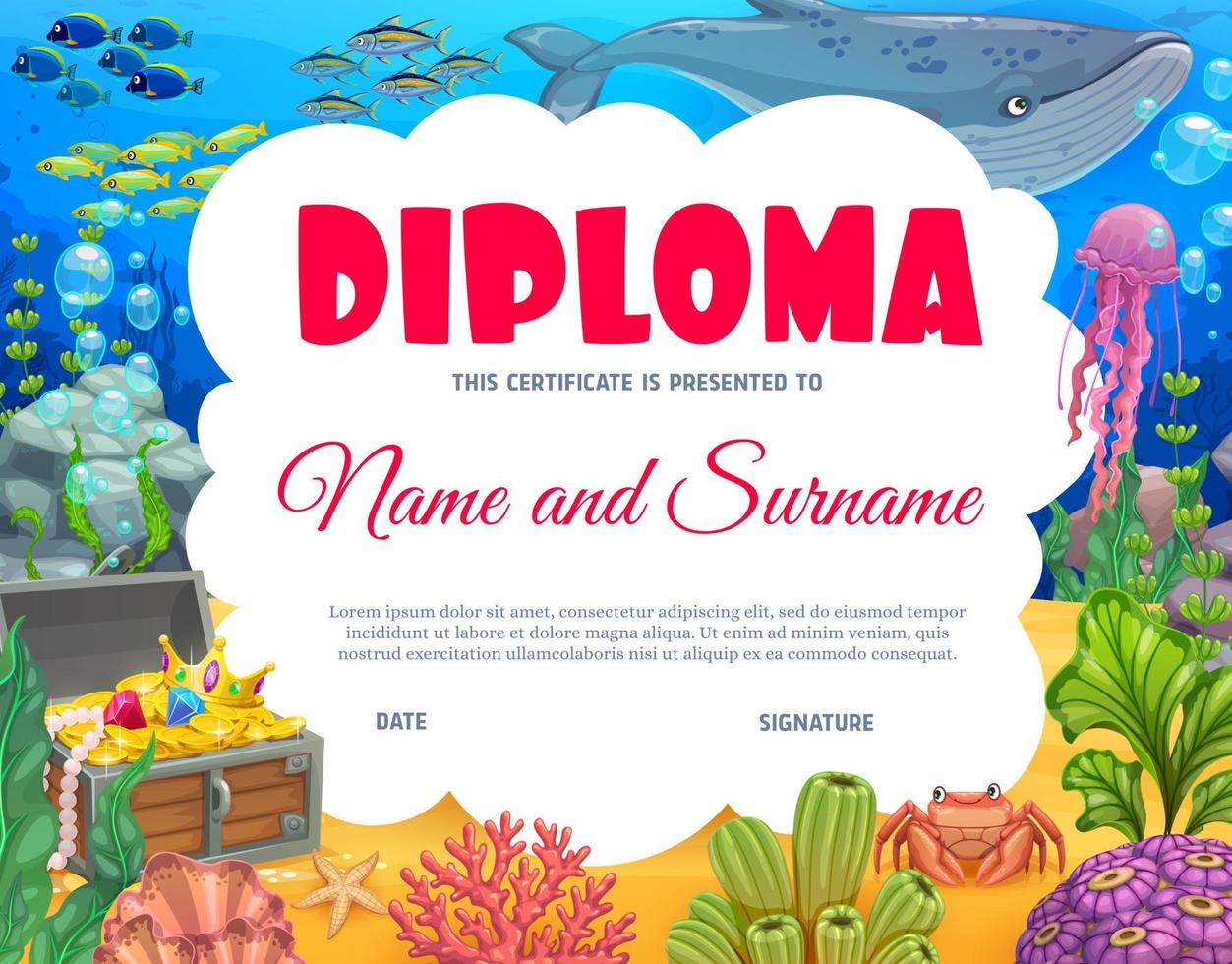 diploma de niños de dibujos animados con paisaje submarino vector