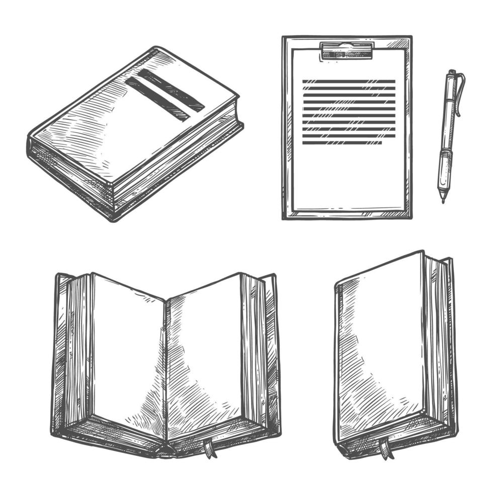 Book, notebook, pen and clipboard sketch design vector