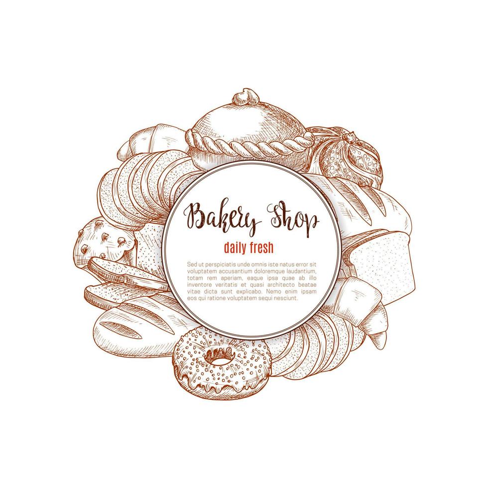 Bakery shop bread and pastry vector sketch
