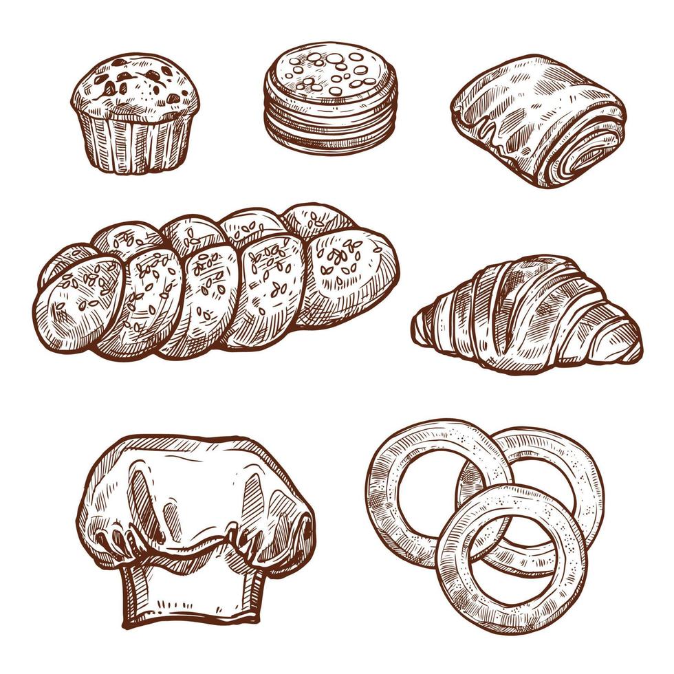 Sweet bread bun sketch of bakery, pastry product vector