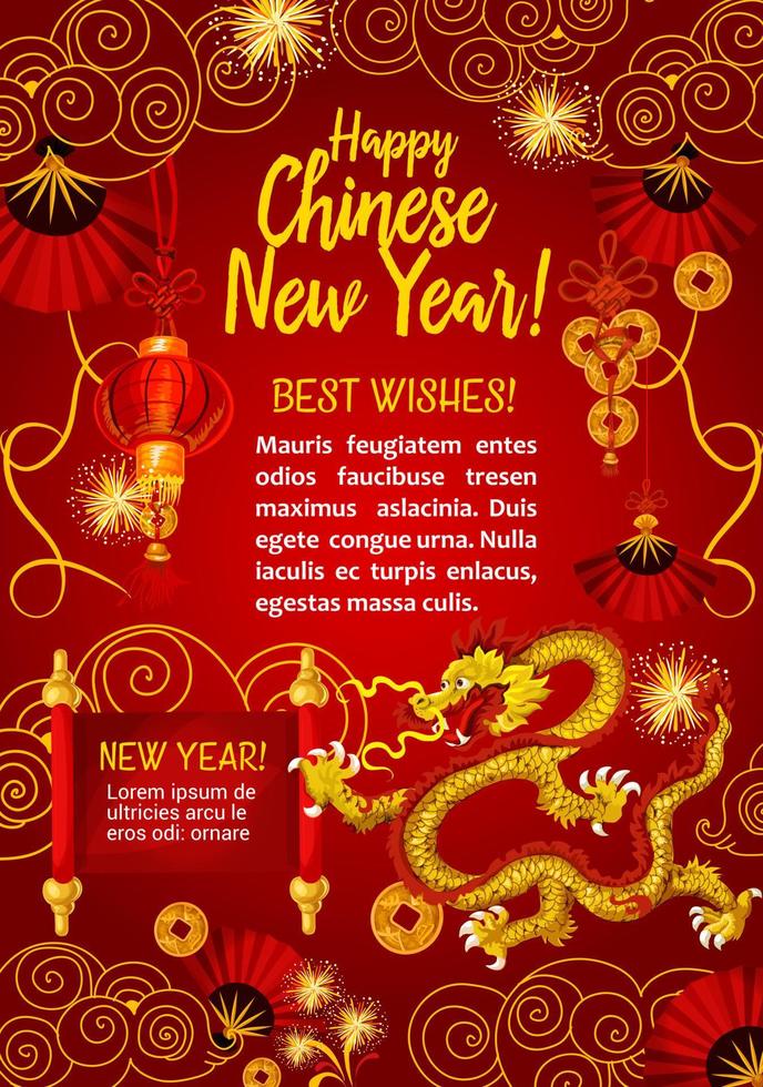 Chinese New Year greeting card with golden dragon vector