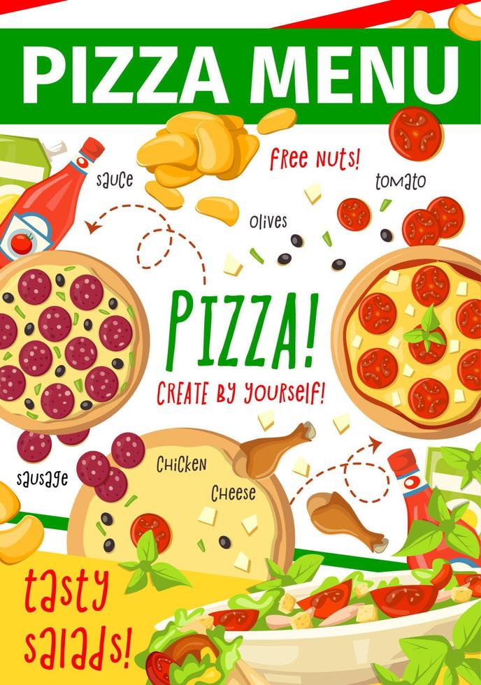 Pizza menu card for fast food restaurant, pizzeria vector