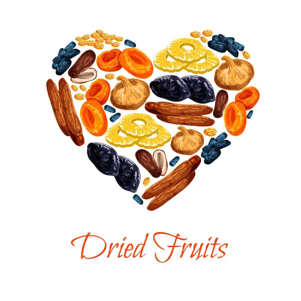 Vector heart poster of dried fruits snacks