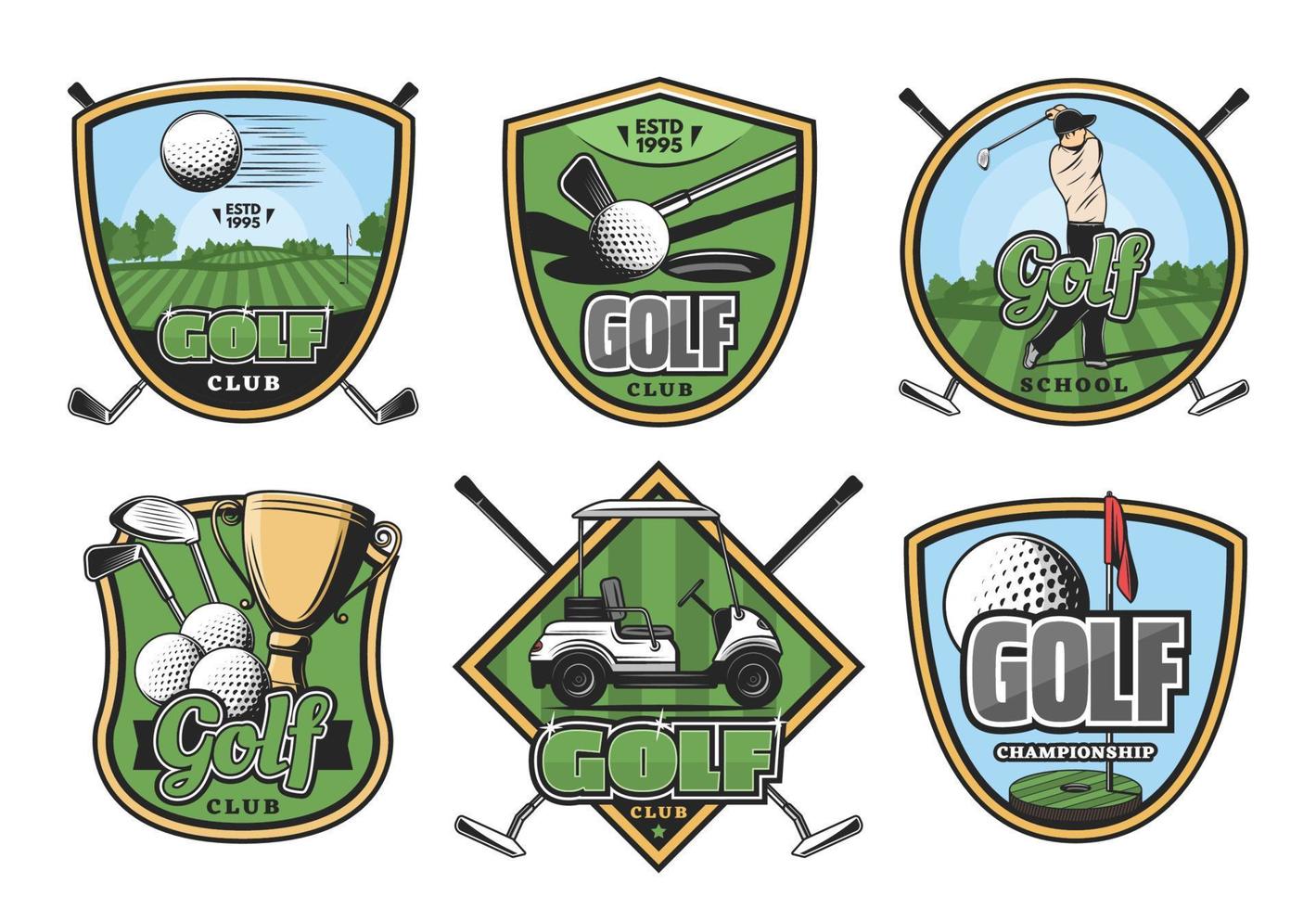 insignia retro de deporte de golf con club, pelota y golfista vector
