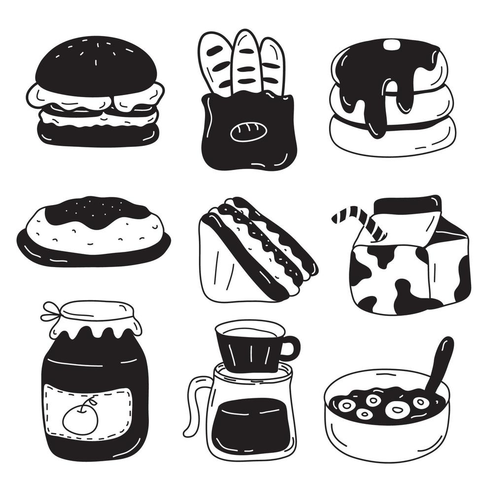 Vector illustration of a breakfast set. Hand drawn. Breakfast such as pancakes, eggs, coffee. Isolated background.