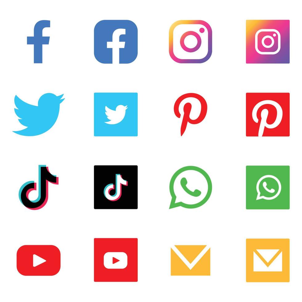 colección de logotipos de redes sociales populares. facebook, instagram, twitter, linkedin, youtube, telegram, vireo, snapchat, whatsapp. conjunto editorial realista. vector