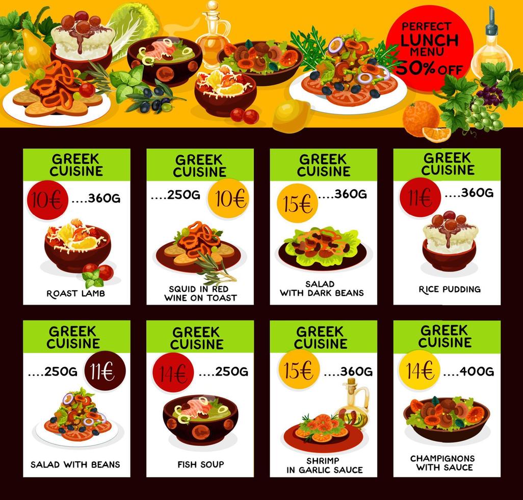 tarjetas de precio de menú vectorial para la cocina griega vector