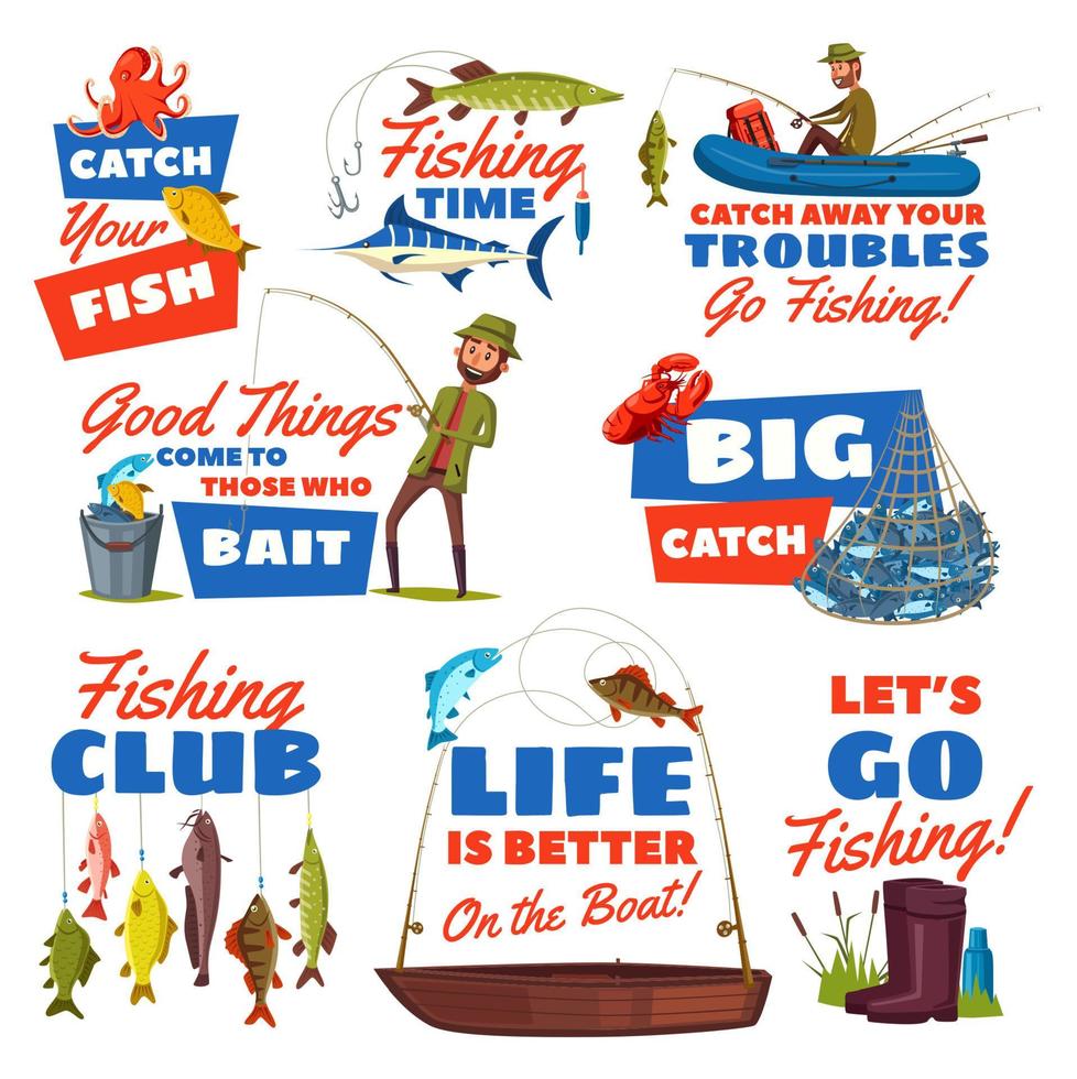 icono de deporte de pesca con pescador y captura de peces vector