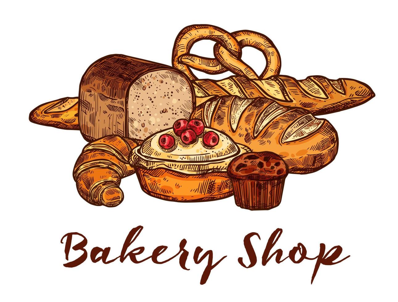 Bakery shop sketch of wheat bread and pastry food vector