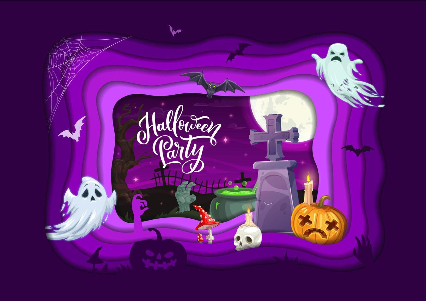 Halloween paper cut flying ghosts and tombs 3d vector