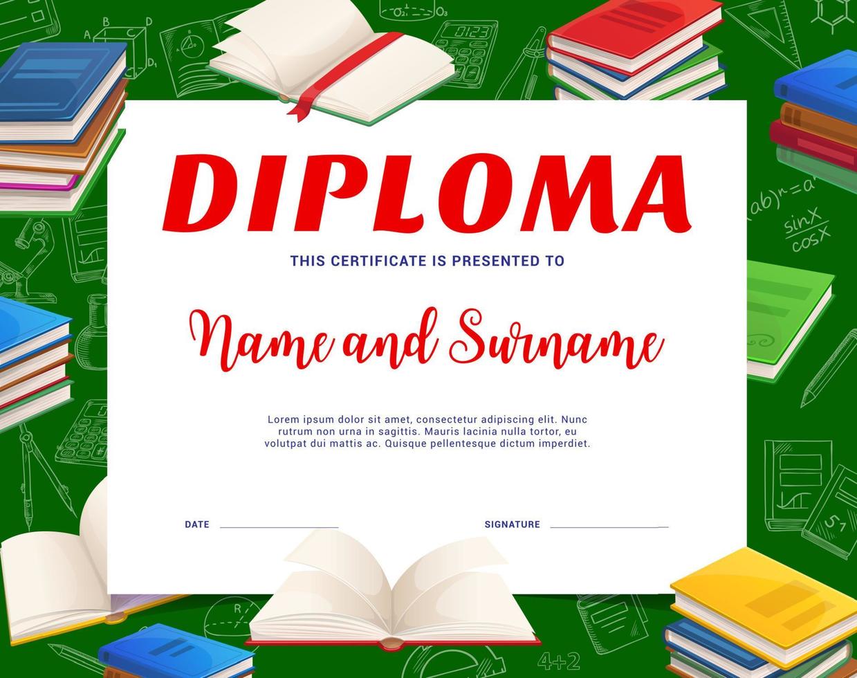 diploma escolar para niños con libros y libros de texto vector