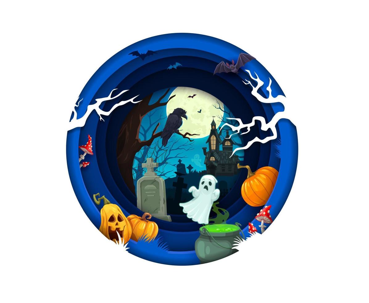 Halloween paper cut landscape and ghost characters vector
