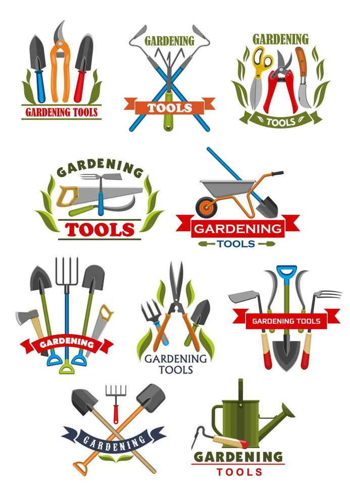 insignia de herramienta de jardinería con instrumento y equipo vector