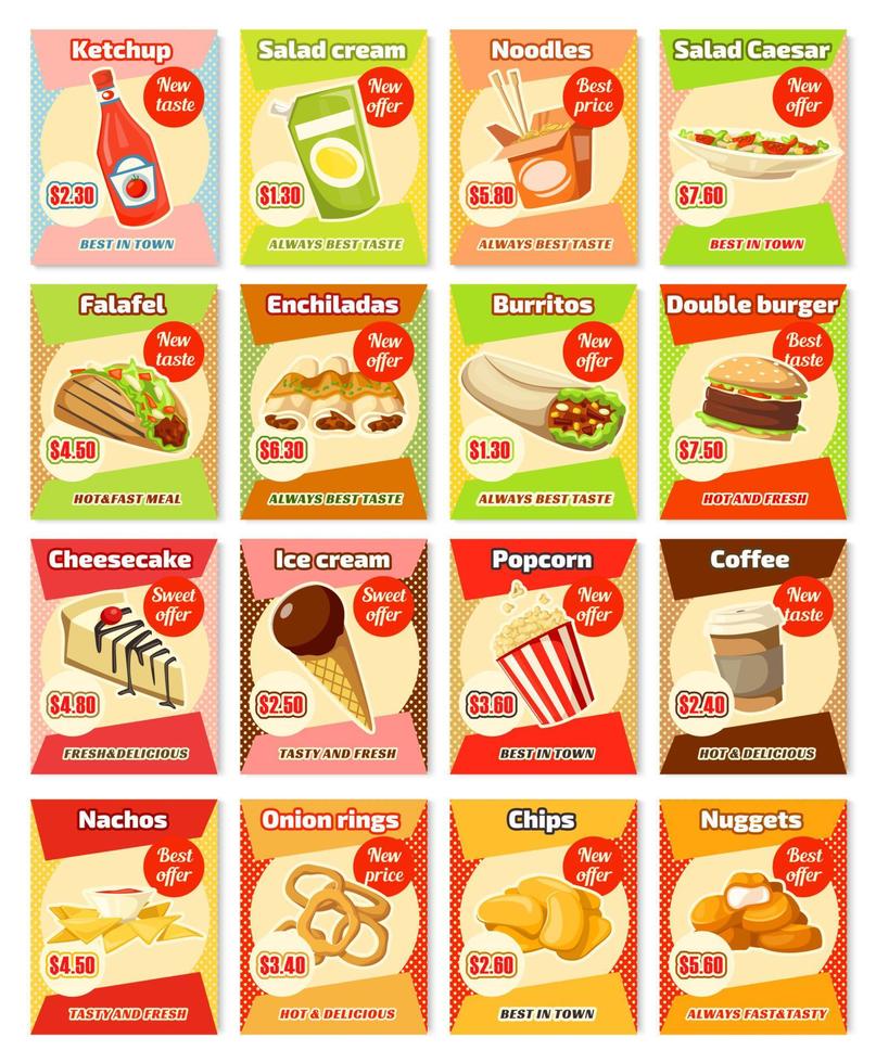 Vector fast food street food snacks cards menu