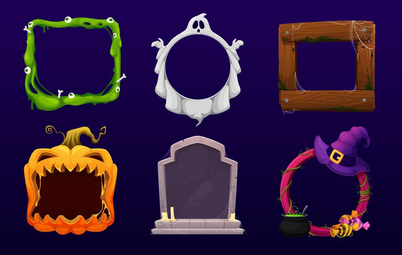 Halloween frame with cartoon ghost, grave, pumpkin vector