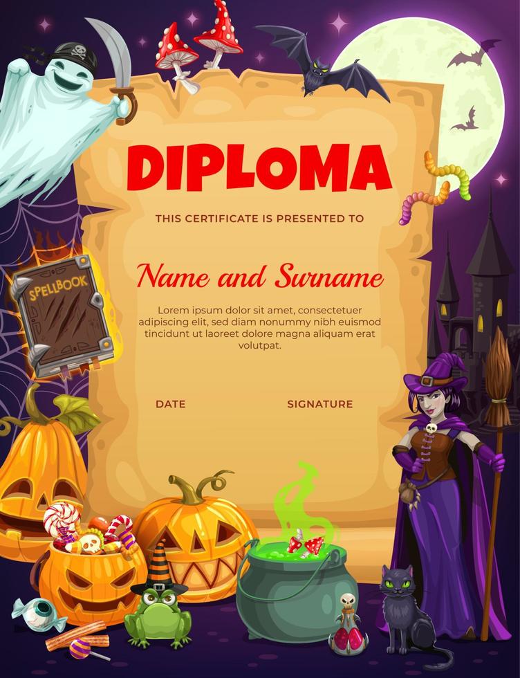 Kids Halloween diploma with holiday characters vector