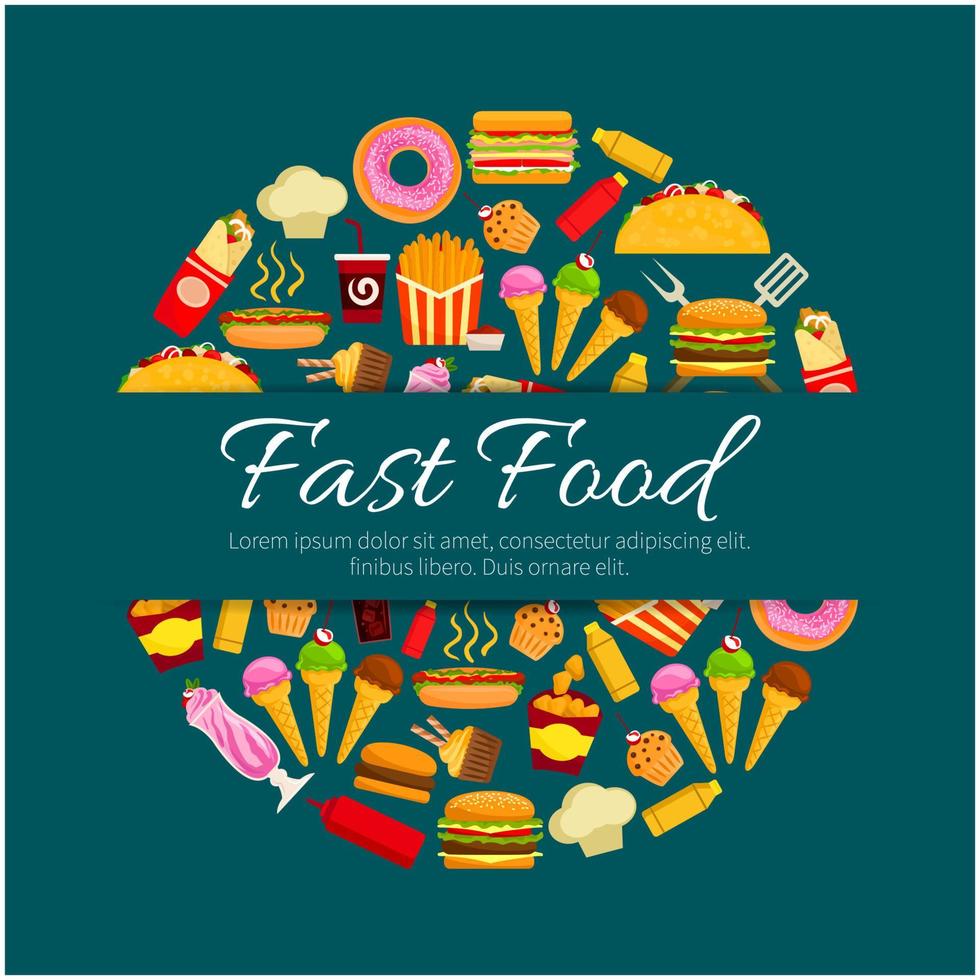 Fast food restaurant dishes round badge design vector