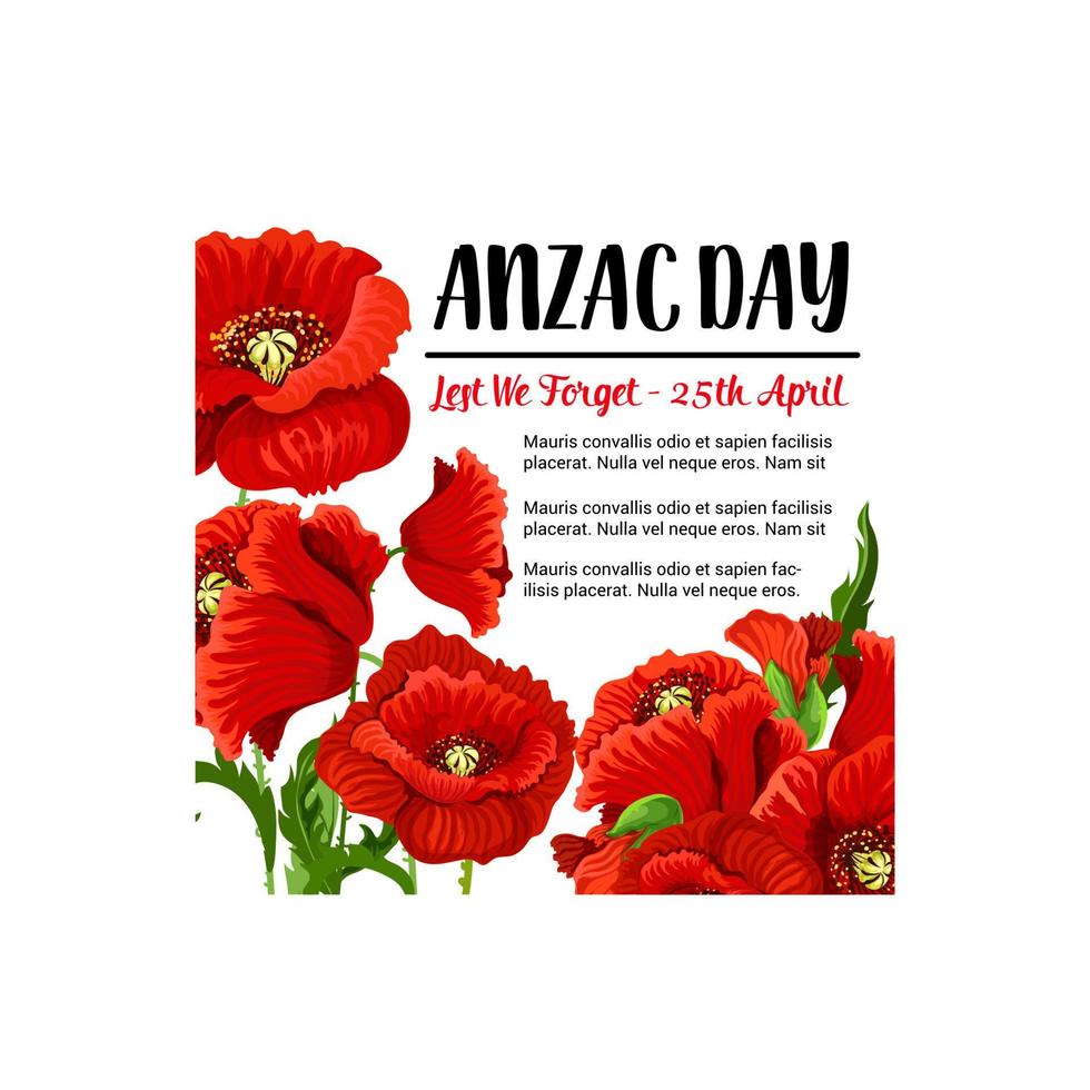tarjeta de recuerdo de vector de día de anzac diseño de amapola roja
