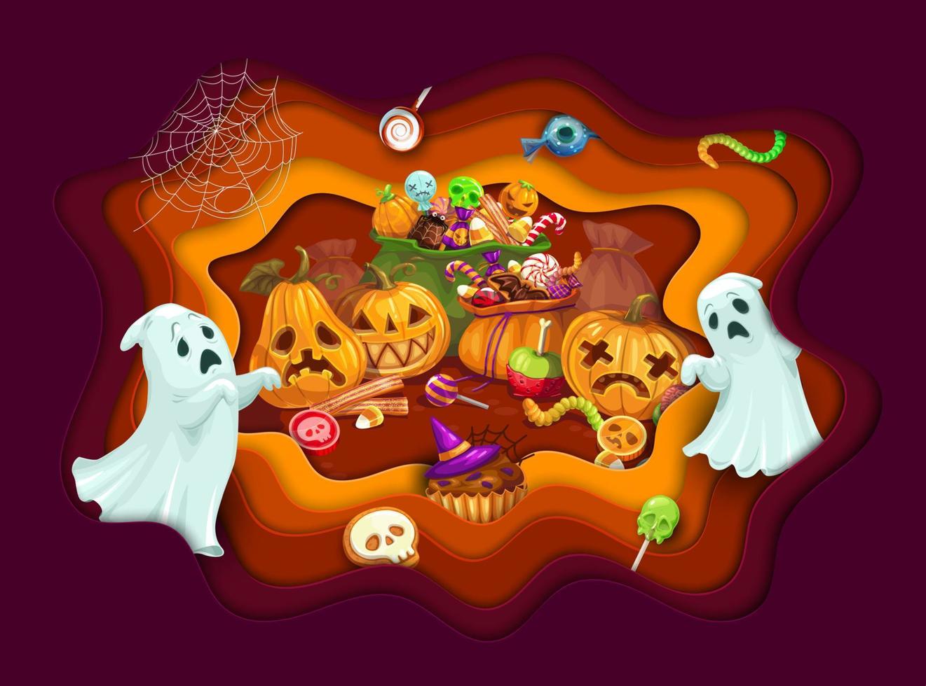 Halloween paper cut cartoon candies and sweets vector