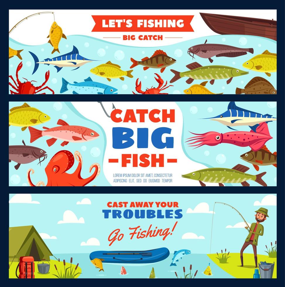 Fishing banner with fisherman, fish, rod and hook vector