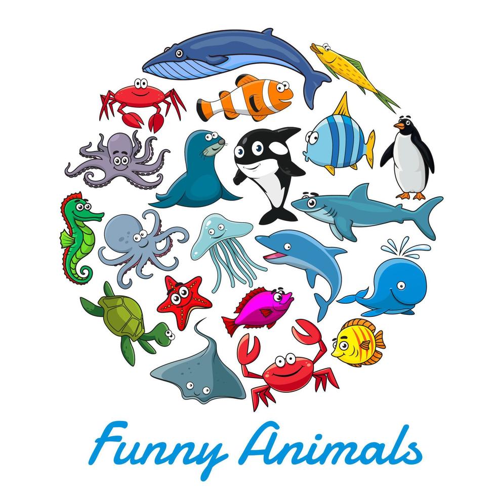 Vector poster of cartoon sea animals and fish