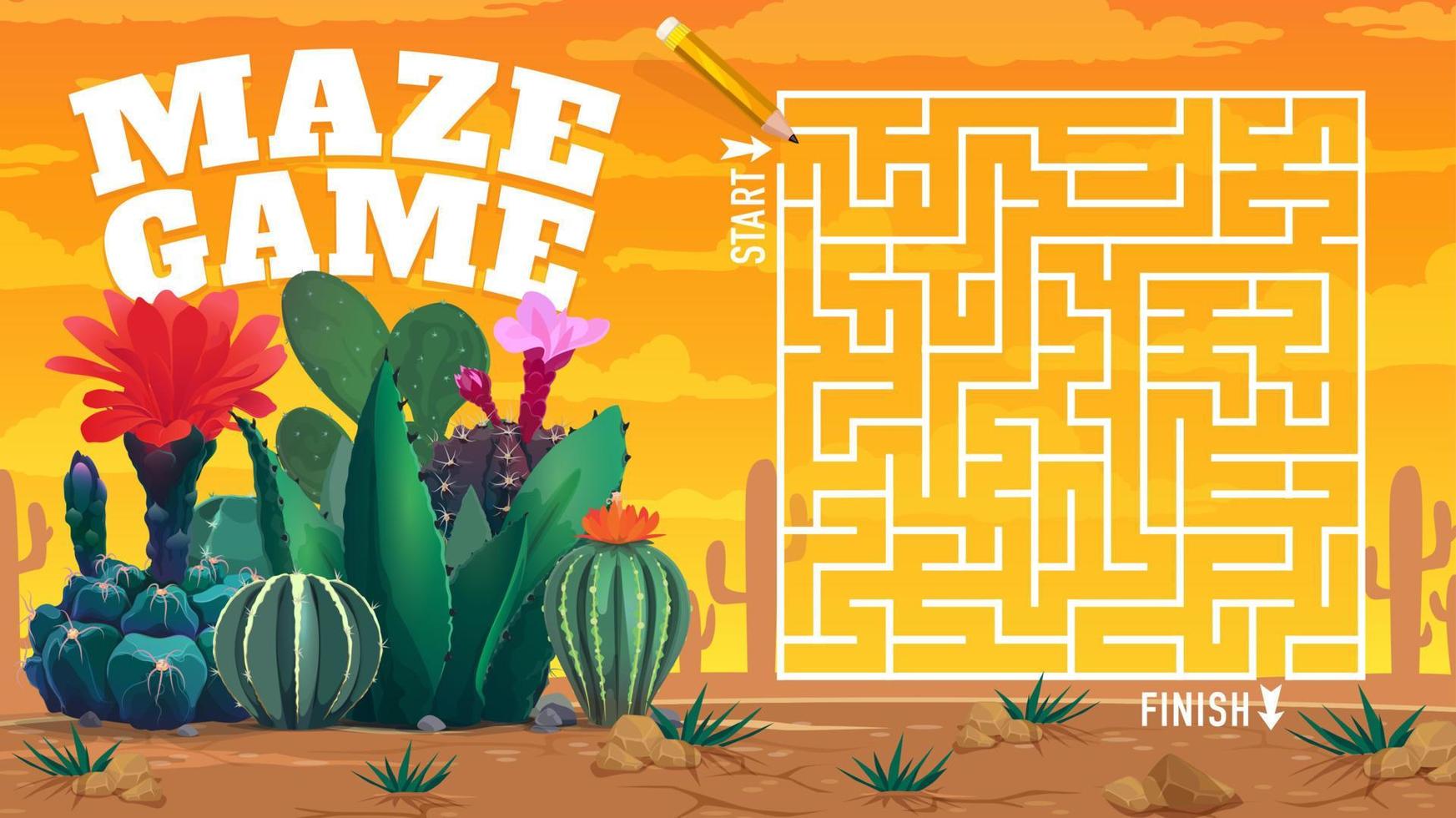 Cactuses and succulents in desert labyrinth maze vector