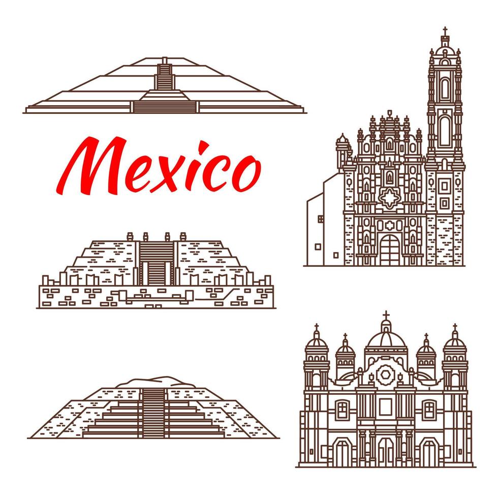 Mexican travel landmark icon of pyramid and church vector