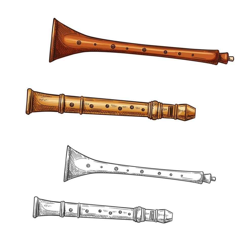 Wooden flute folk musical instrument sketch vector
