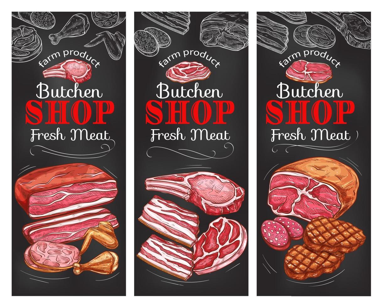 Meat and sausage chalkboard banner of buncher shop vector