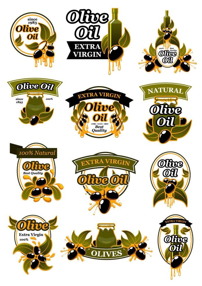 Oil bottle label with olive branch and black fruit vector