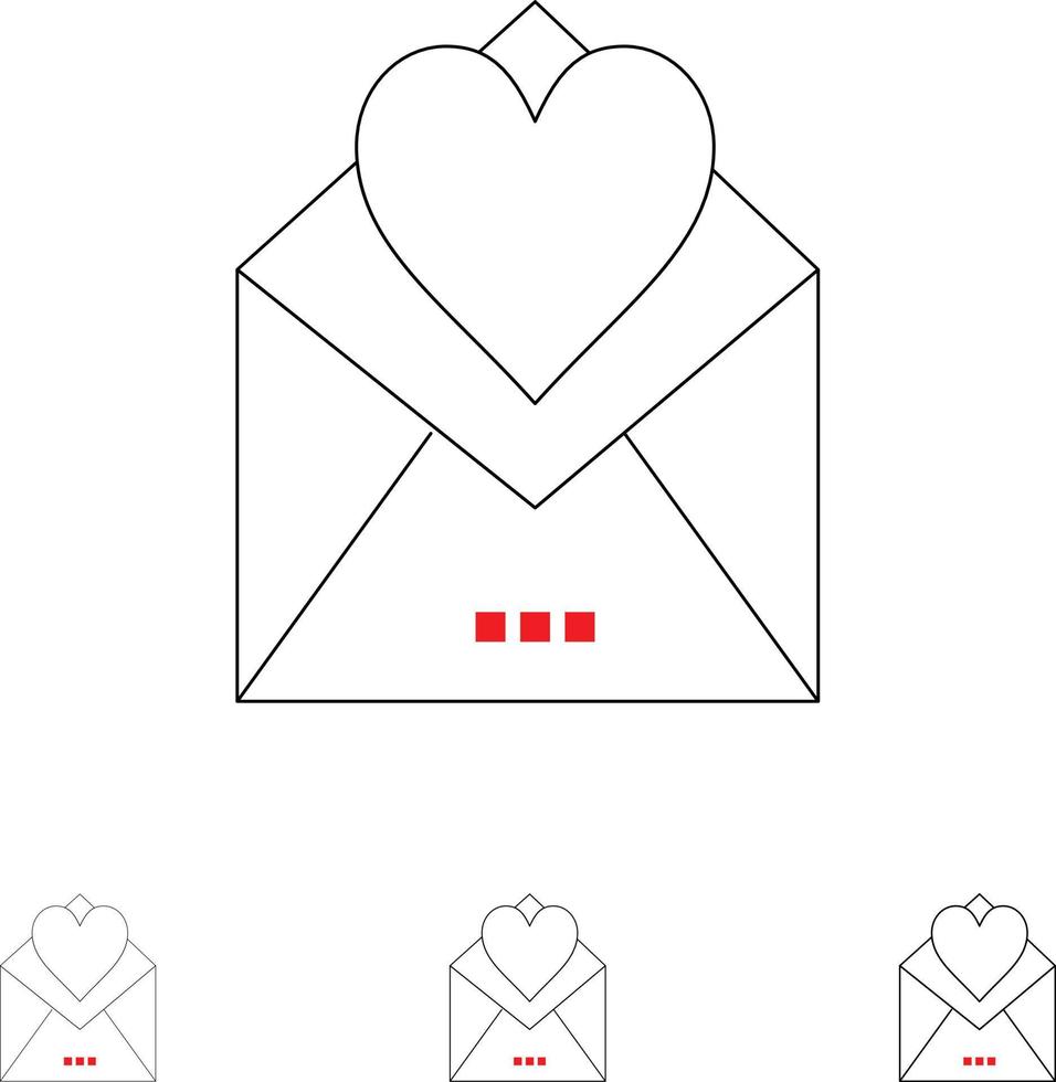 carta correo tarjeta carta de amor amor audaz y delgada línea negra conjunto de iconos vector