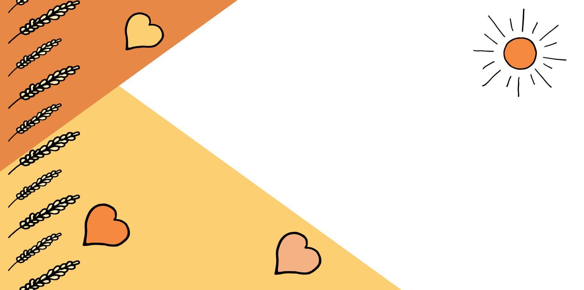 Web background with sun, hearts and wheat. Colors are orange and beige. Vector design