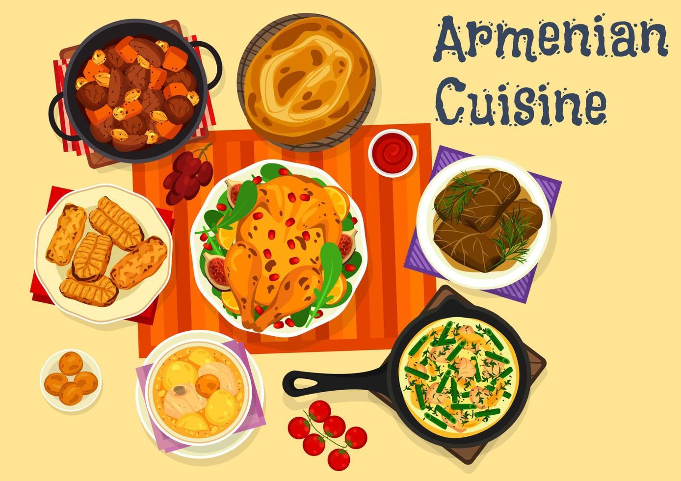 Armenian cuisine icon of meat dinner with dessert vector