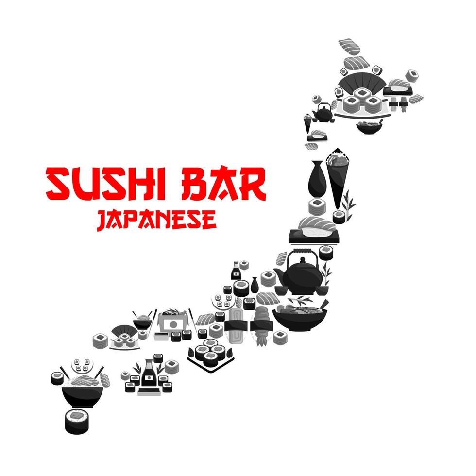 Japanese food in map of Japan with seafood sushi vector
