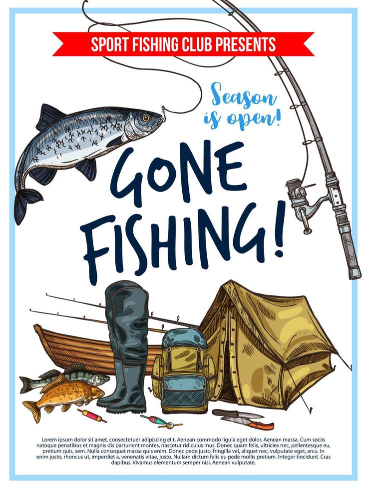 Fishing poster with fish and fisherman equipment vector