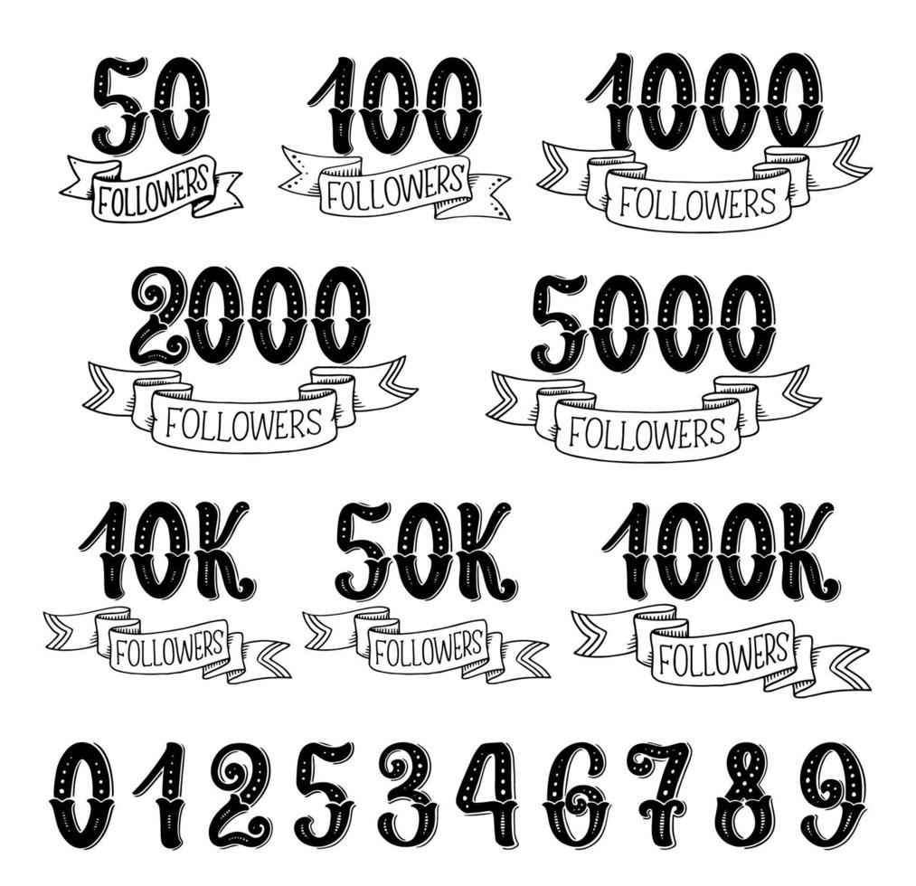 Followers quantity numbers lettering icons vector