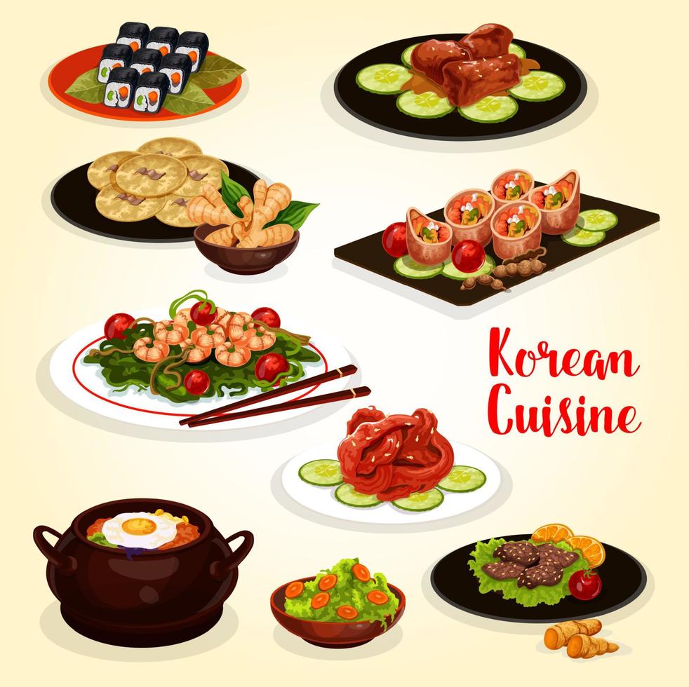 Korean cuisine menu icon of meat and seafood dish vector