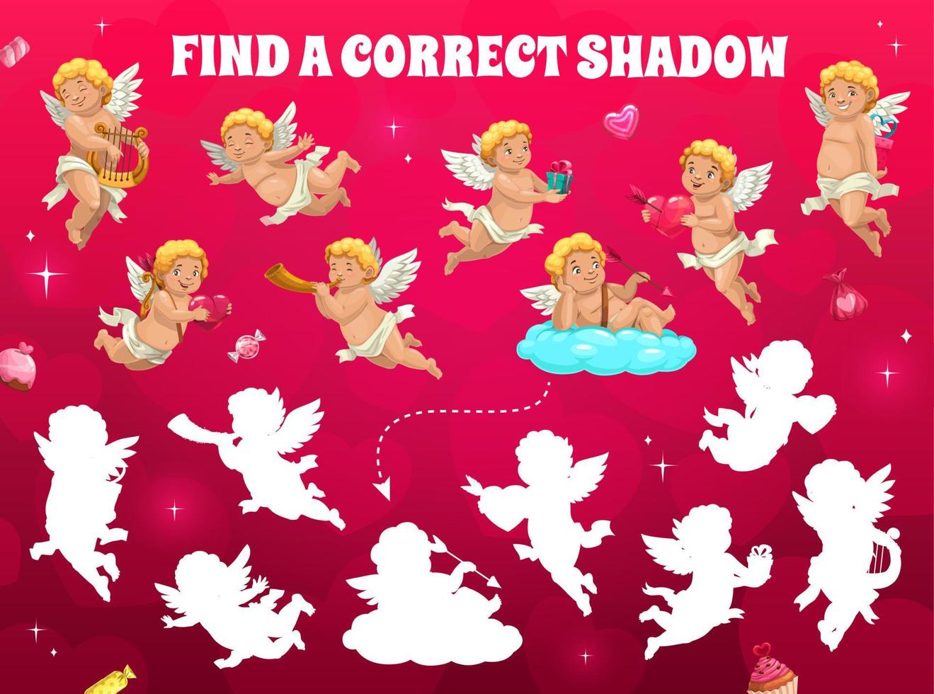 Find correct shadow of cartoon cupids and angels vector