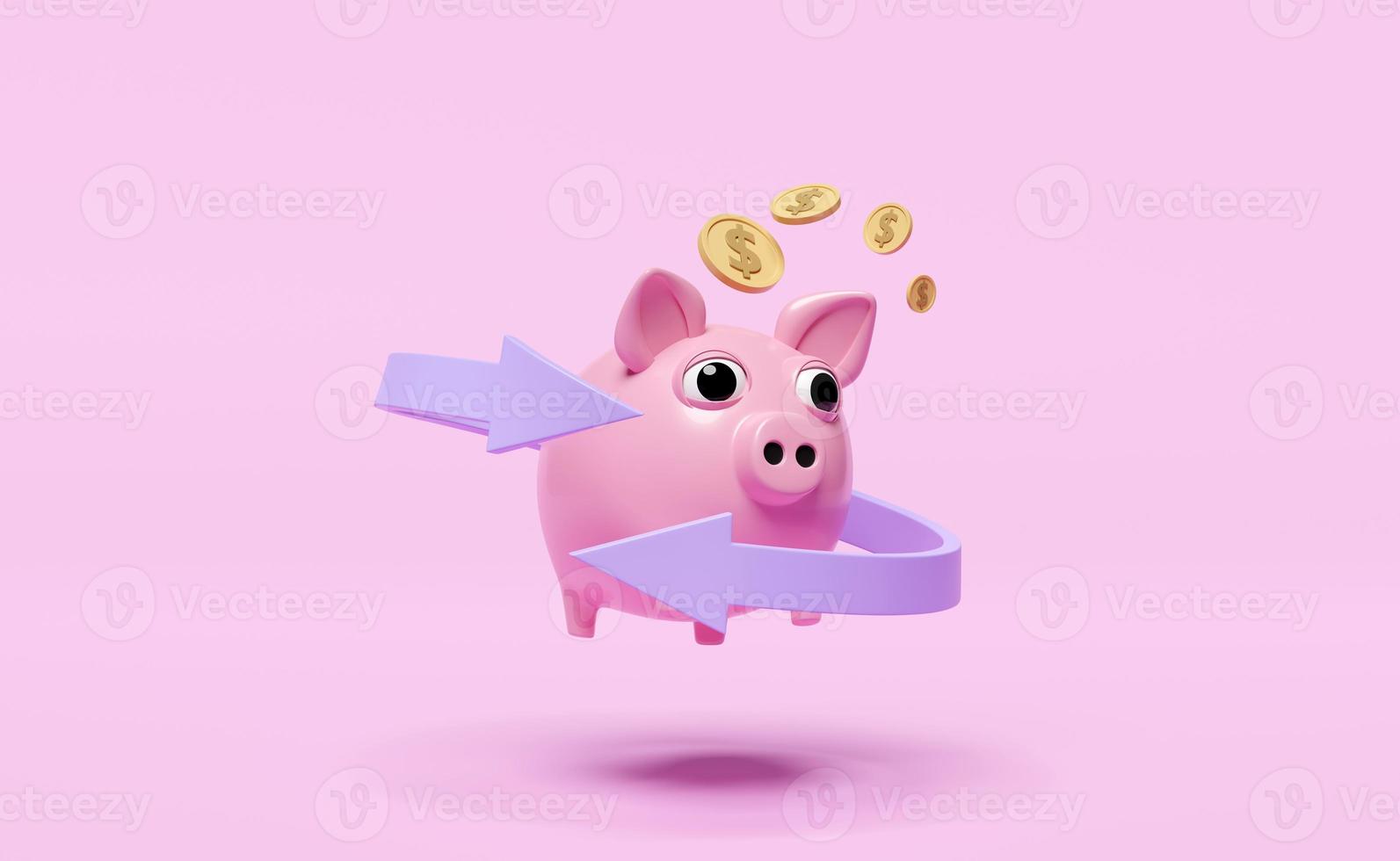 3d pink piggy bank with arrow, dollar coin isolated on pink background. transfer, cashback, saving money, financial business, banking payment, minimal concept, 3d render illustration photo