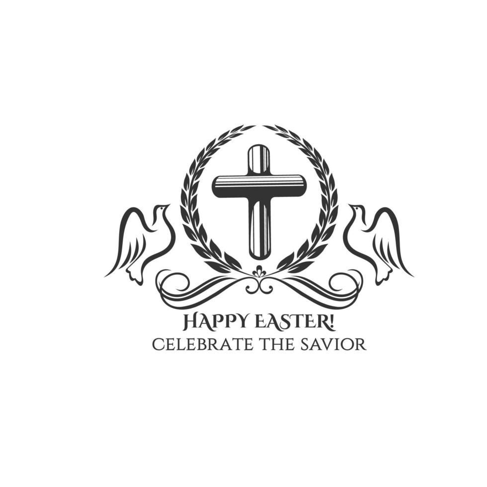 Happy Easter cross and doves vector icon