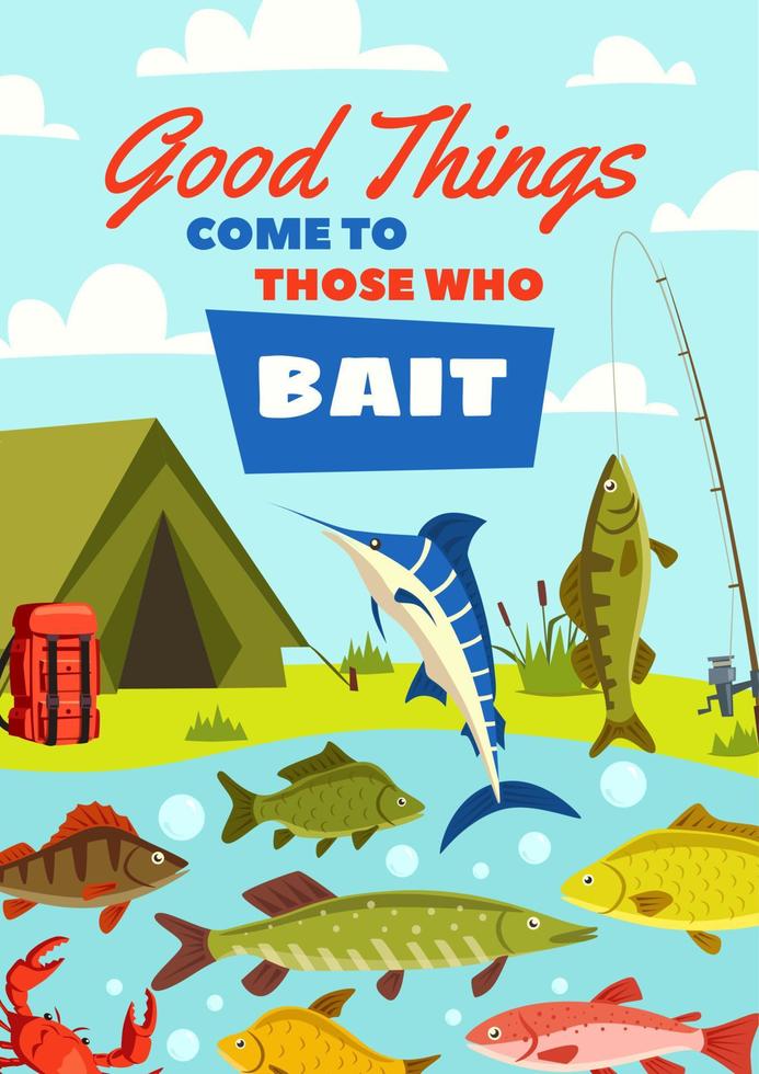 banner de pesca con captura de peces y campamento de pescadores vector